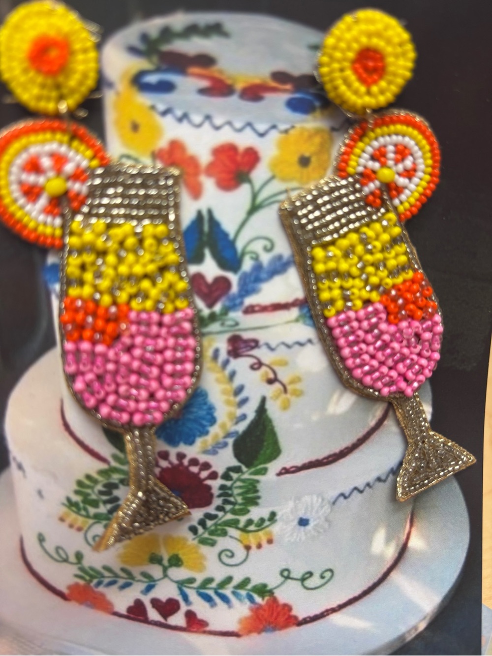 Beaded Champagne Glass Dangle Earrings - Yellow Pink Orange